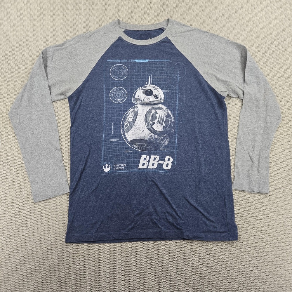 Star Wars BB-8 Shirt Mens Medium Blue Gray Raglan Long Sleeve Graphic Tee Sci-Fi